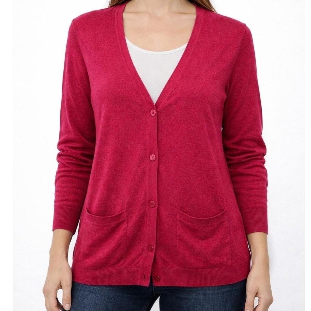 Talbots Women's Size Medium Cardigan Sweater V-Neck Pockets Deep Red Merino Wool